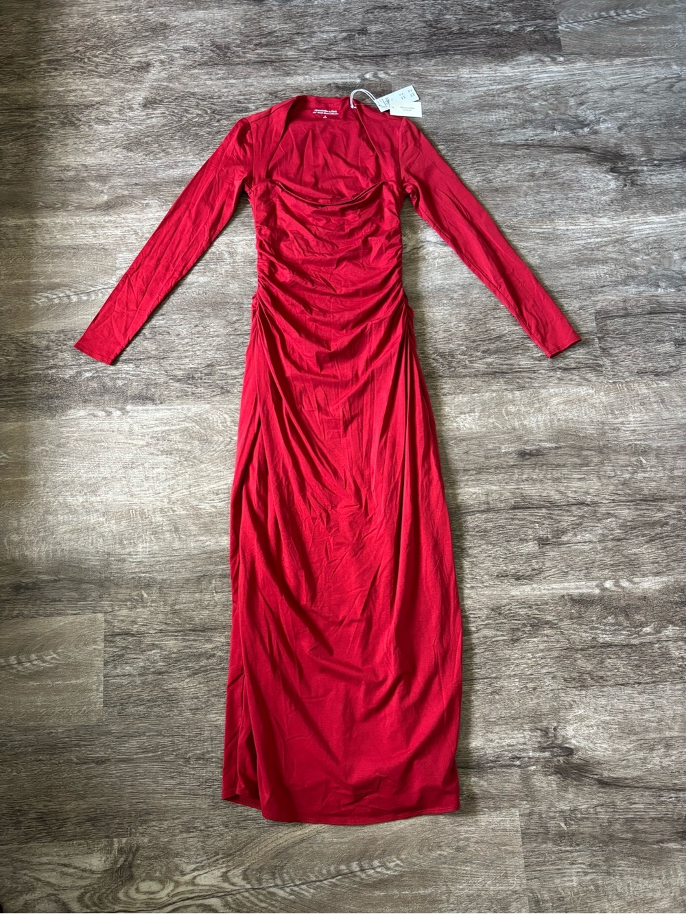 NWT Abercrombie & Fitch Long-Sleeve Red Ruched Maxi Dress